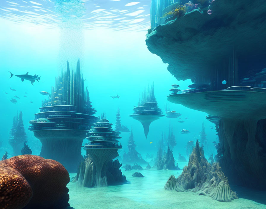 Futuristic underwater city with marine life and coral reefs