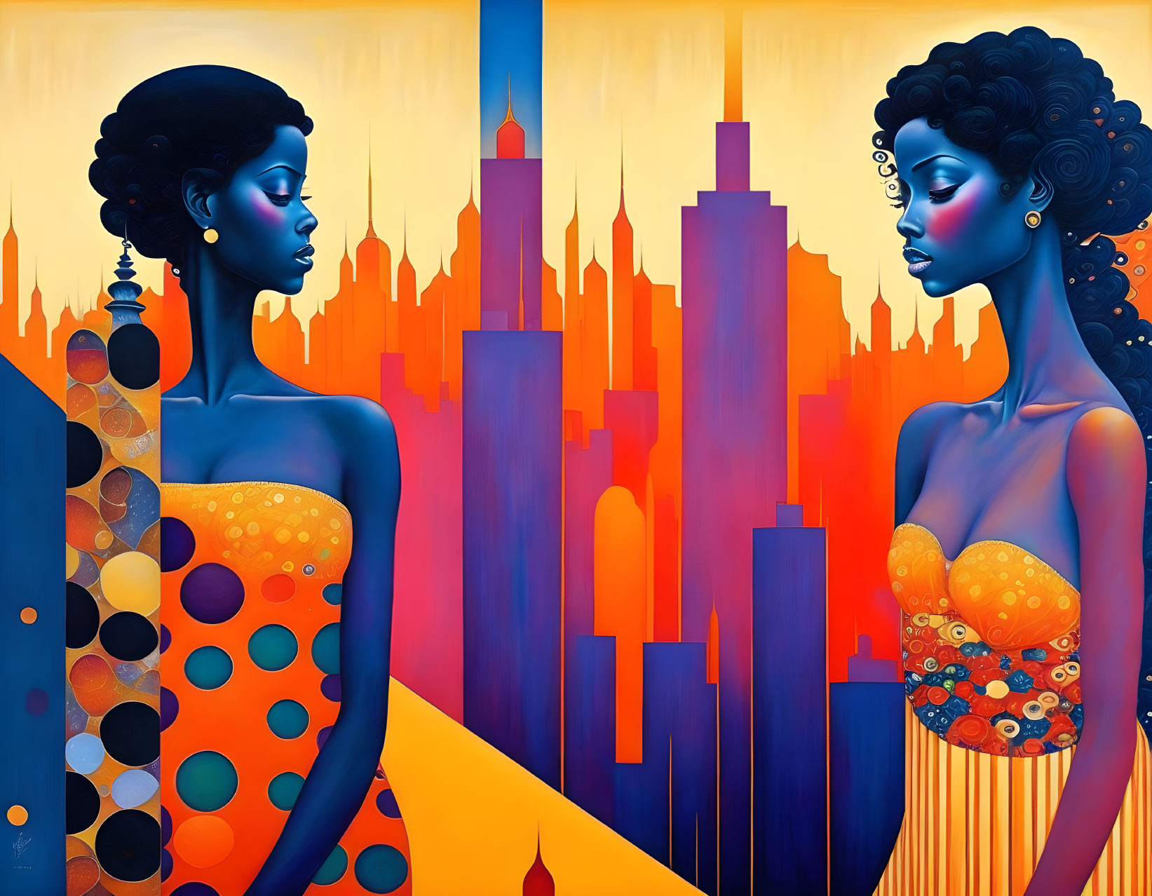 Abstract cityscape with stylized women and vibrant colors