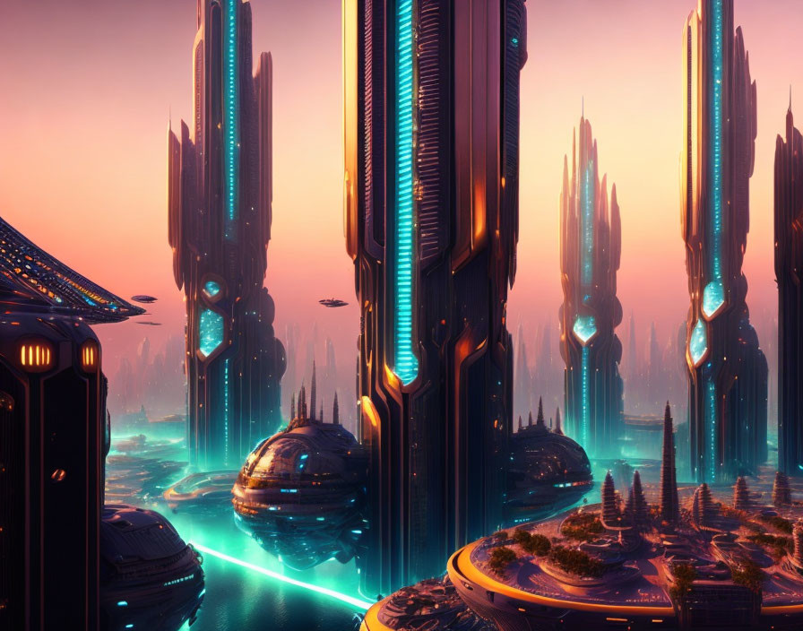 Futuristic cityscape with towering skyscrapers and neon accents