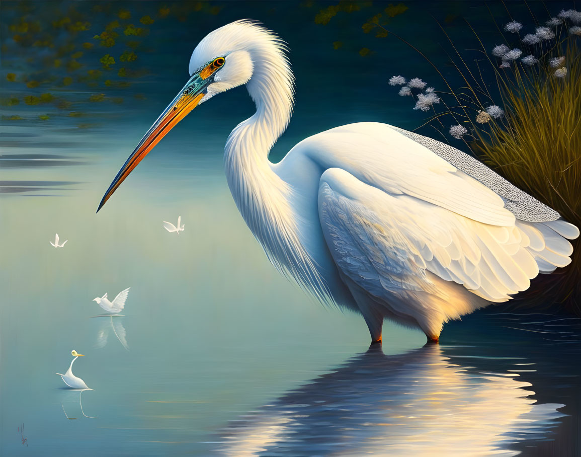 White egret standing in water with dragonflies and vegetation.