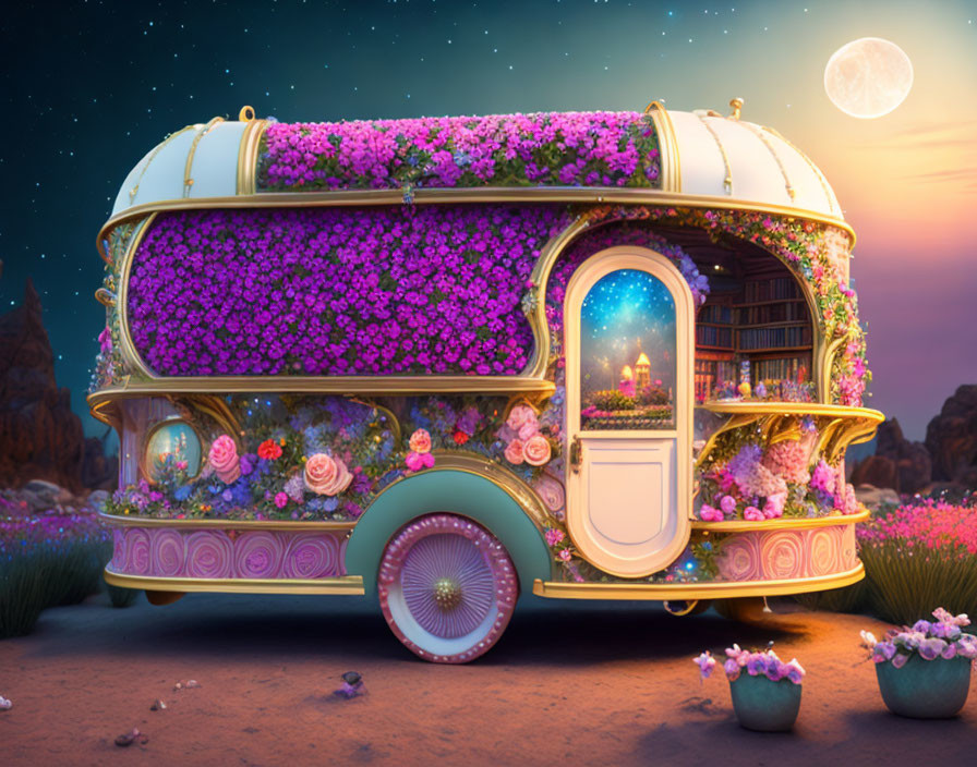 Moonlit fantasy caravan with lush floral decorations