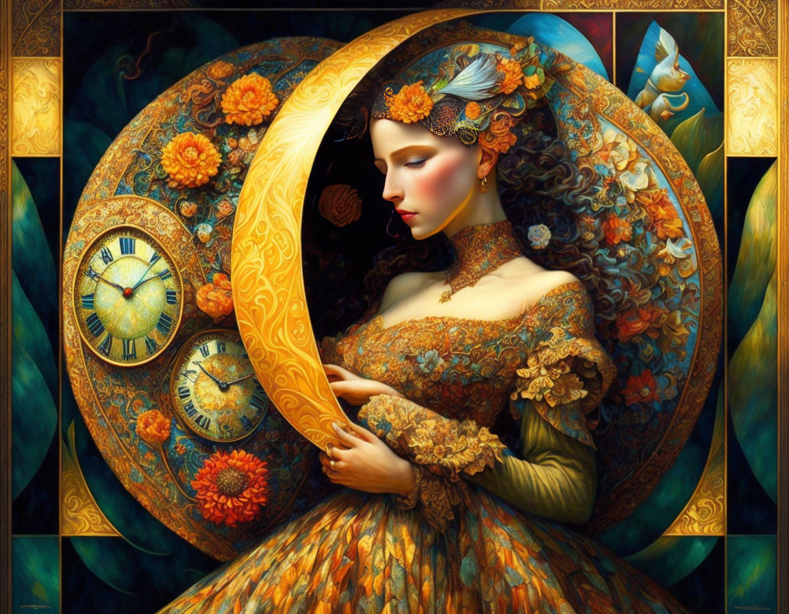 Detailed illustration of woman in golden dress holding crescent moon and clock against baroque backdrop