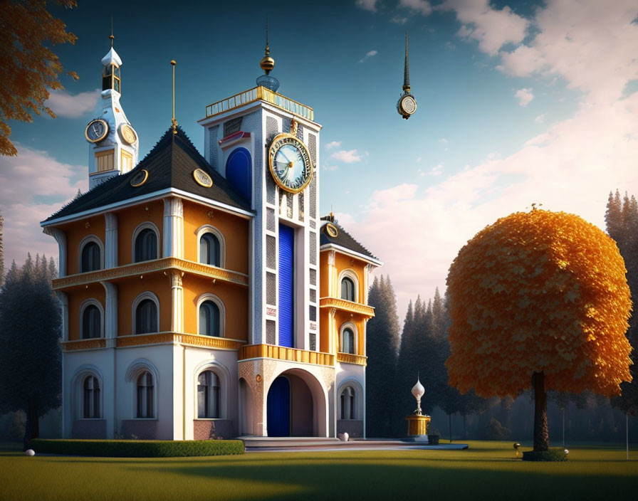 Whimsical Clock Tower Illustration in Vibrant Colors
