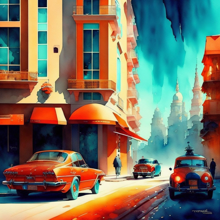 Colorful Retro Cars and Buildings in Modern-Classic Street Scene