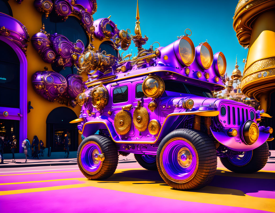 Purple ornate jeep-like vehicle in whimsical golden cityscape