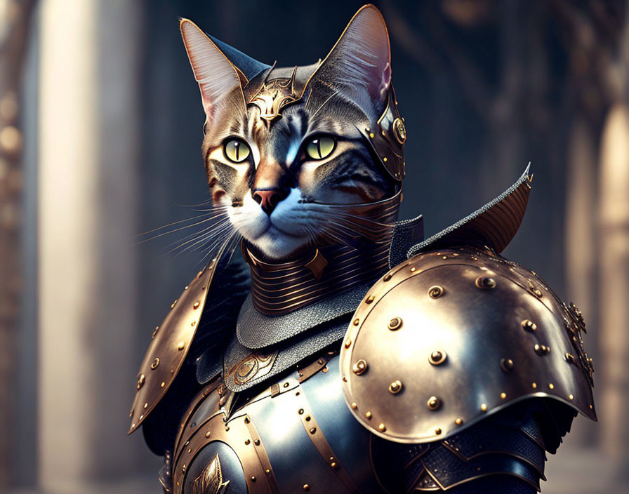 Digitally rendered cat in golden medieval armor against blurred backdrop.