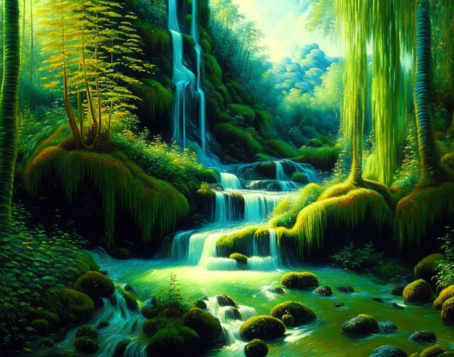 Serene forest scene with waterfalls, mossy stones, and sunrays.