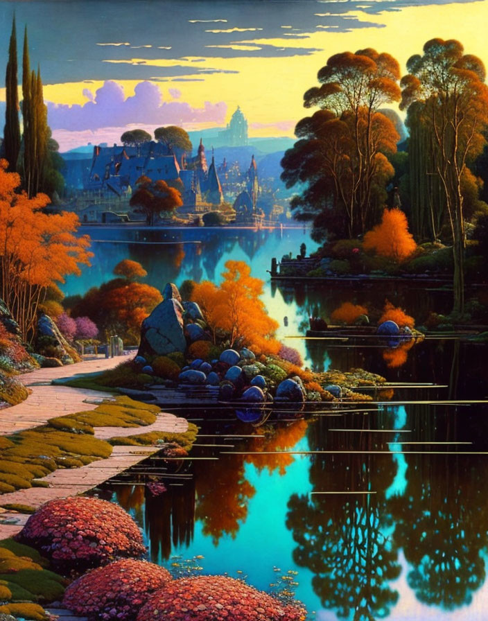 Colorful fantasy landscape at sunset with lake, trees, castle spires, and stone path