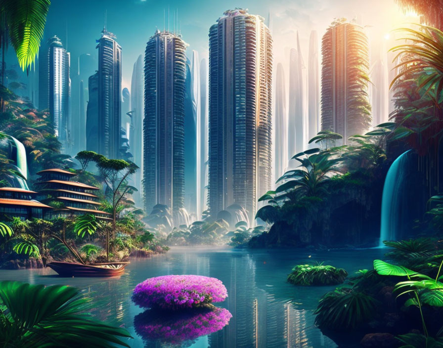 Futuristic cityscape with skyscrapers in lush tropical setting