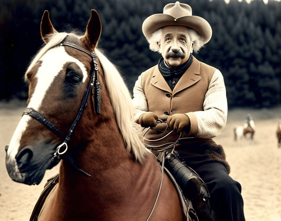 Elder cowboy with mustache rides horse, other riders in background