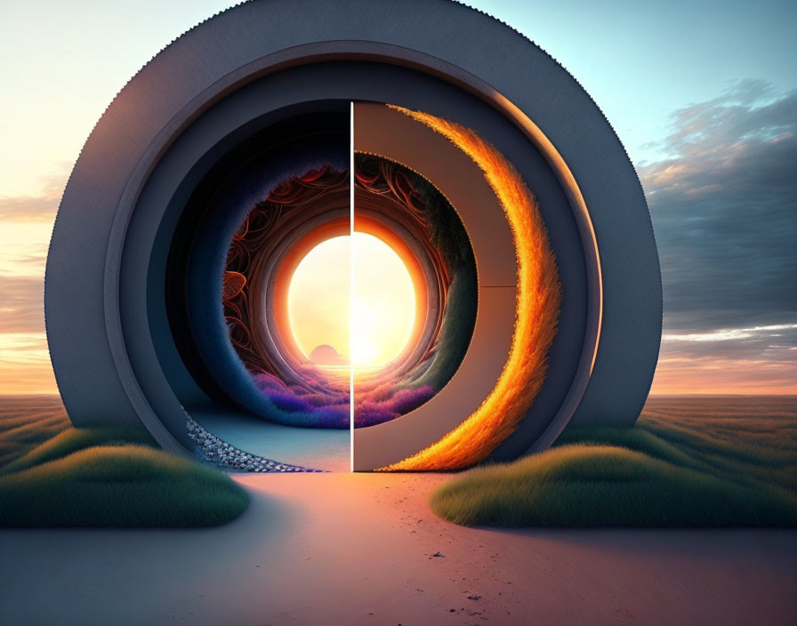 Circular Portal Split View: Fiery & Cool Sunset Contrast