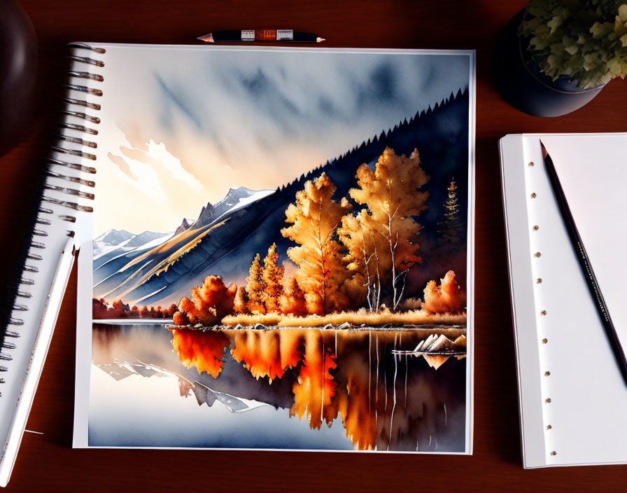 Mountain landscape watercolor painting with trees reflected in lake, on desk with art supplies.