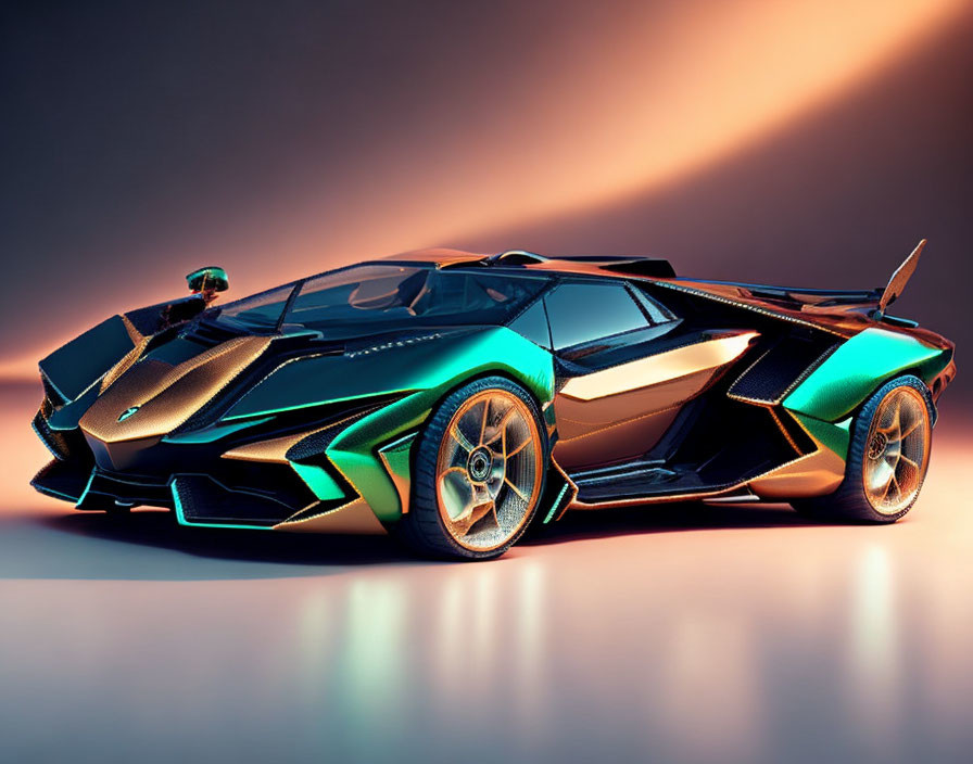 Sleek futuristic car with iridescent body and angular design
