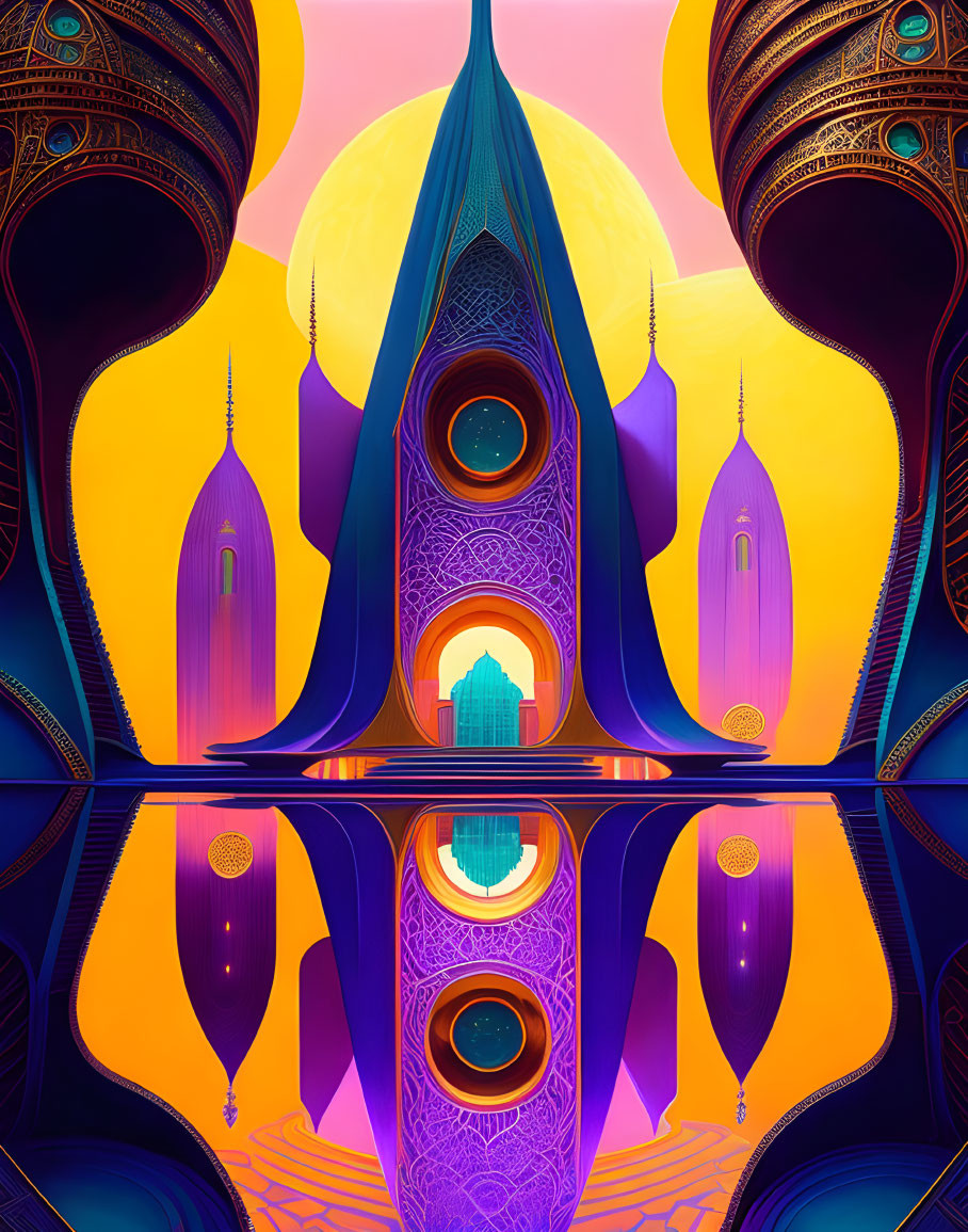 Symmetric, ornate fantasy landscape with towering spires and reflective surface