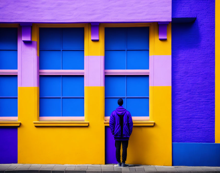Person in Purple Jacket Facing Vibrant Yellow and Purple Building