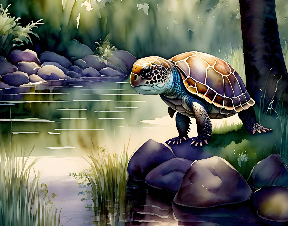 Colorful watercolor illustration of a turtle by a tranquil pond