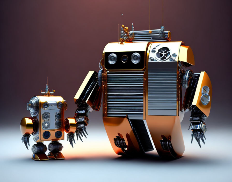 Retro-style robots with antenna heads and claw hands on gradient background