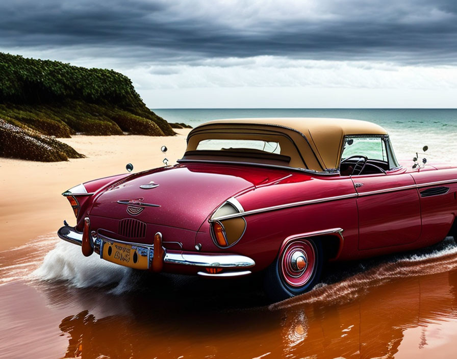 Vintage red convertible car on sandy beach with waves and cloudy sky