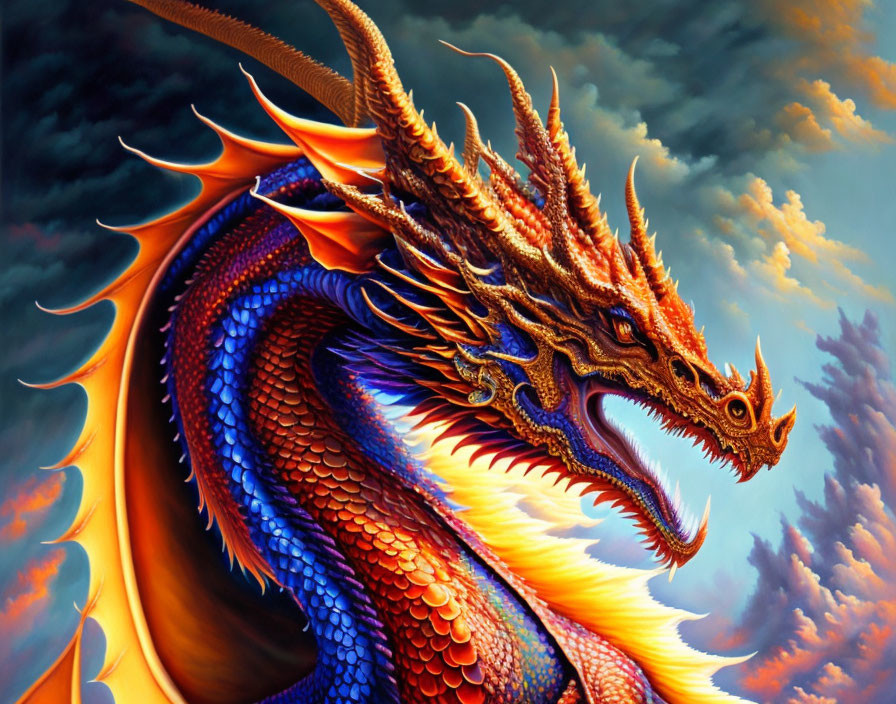 Colorful Dragon Breathing Fire in Blue and Orange Against Dramatic Sky