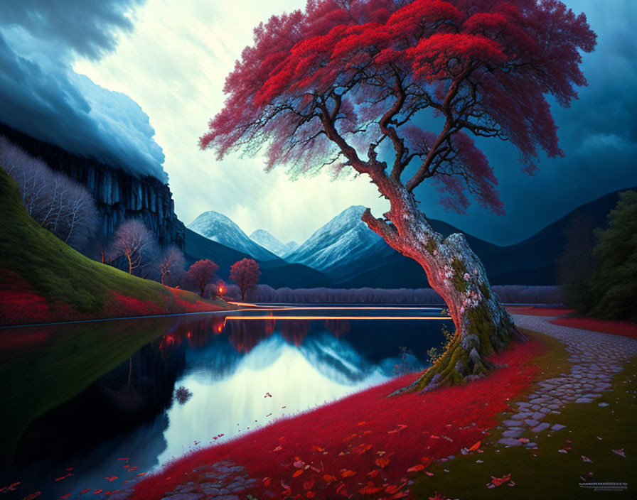 Vibrant red tree by calm lake, snowy mountains, blue sky
