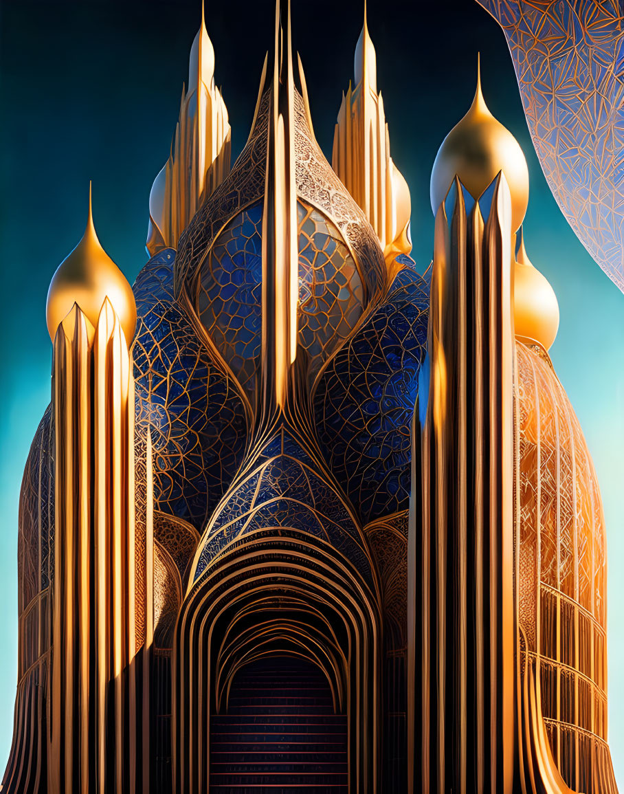 Futuristic palace with golden spires and geometric patterns at twilight