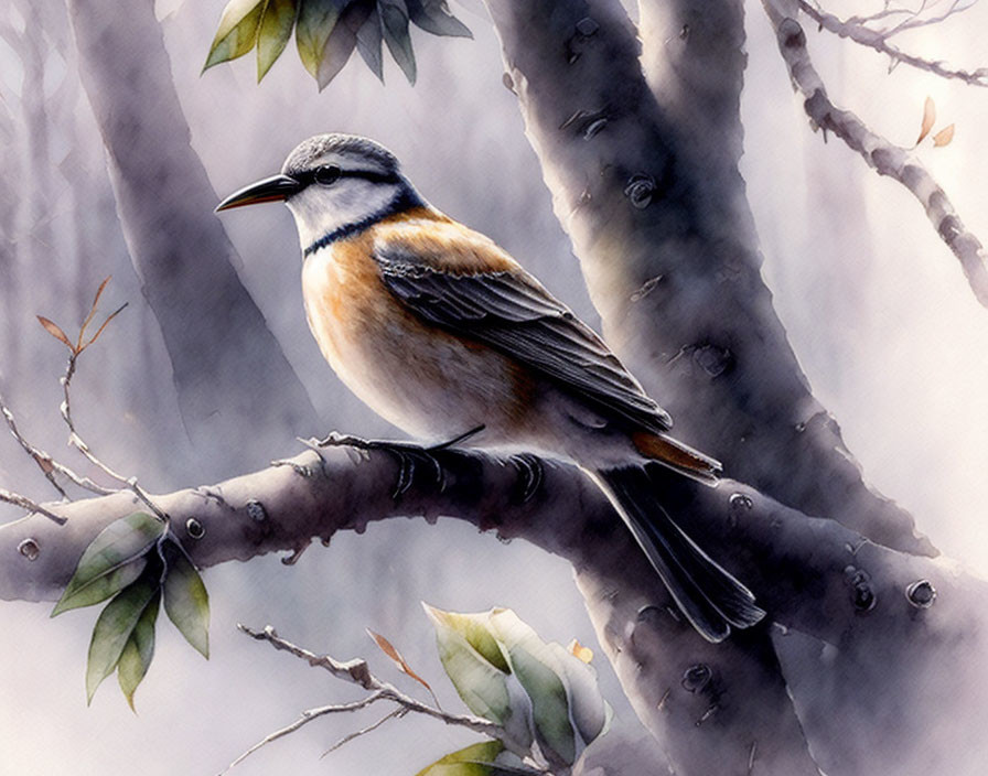 Bird with Blue, White, and Tan Feathers Perched on Branch in Misty Setting