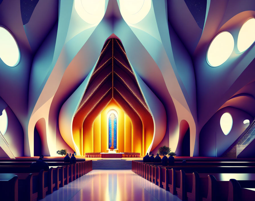 Futuristic Church Interior with Arched Columns and Stained Glass Window