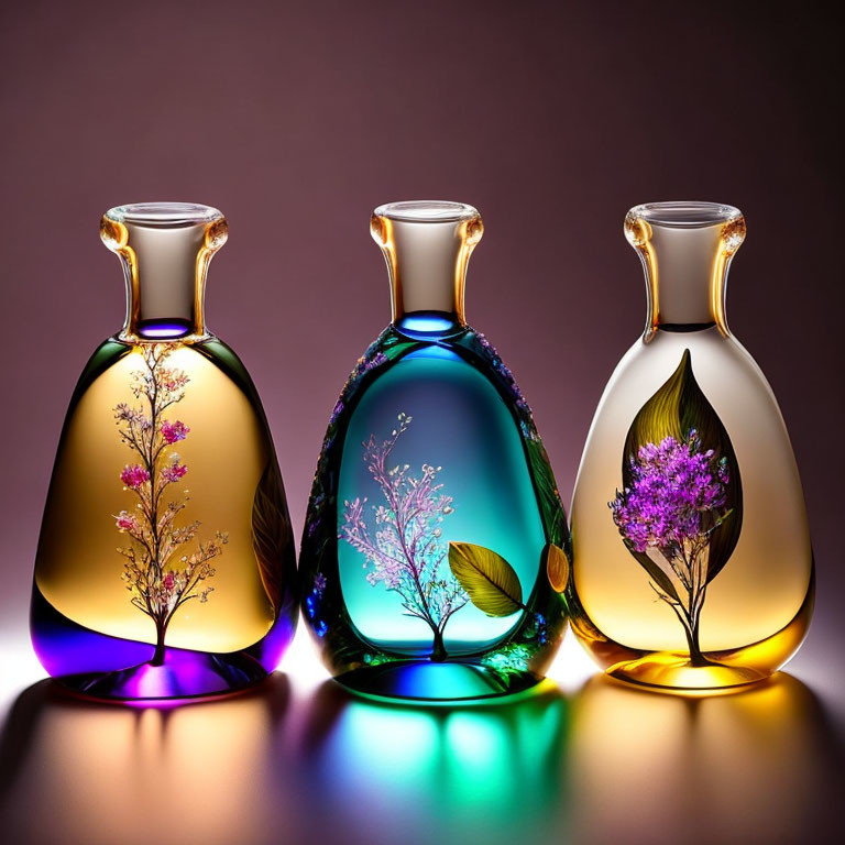 Elegant Glass Vases with Vibrant Colors and Floral Designs on Purple Gradient