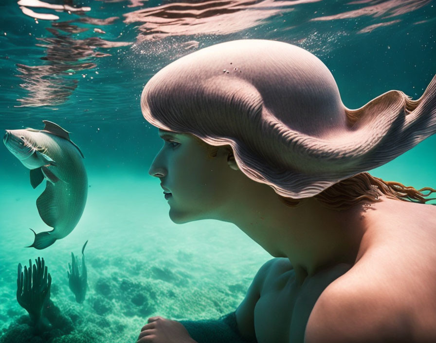 Woman with Shell-Like Hair Swims Among Fishes Under Sunbeams