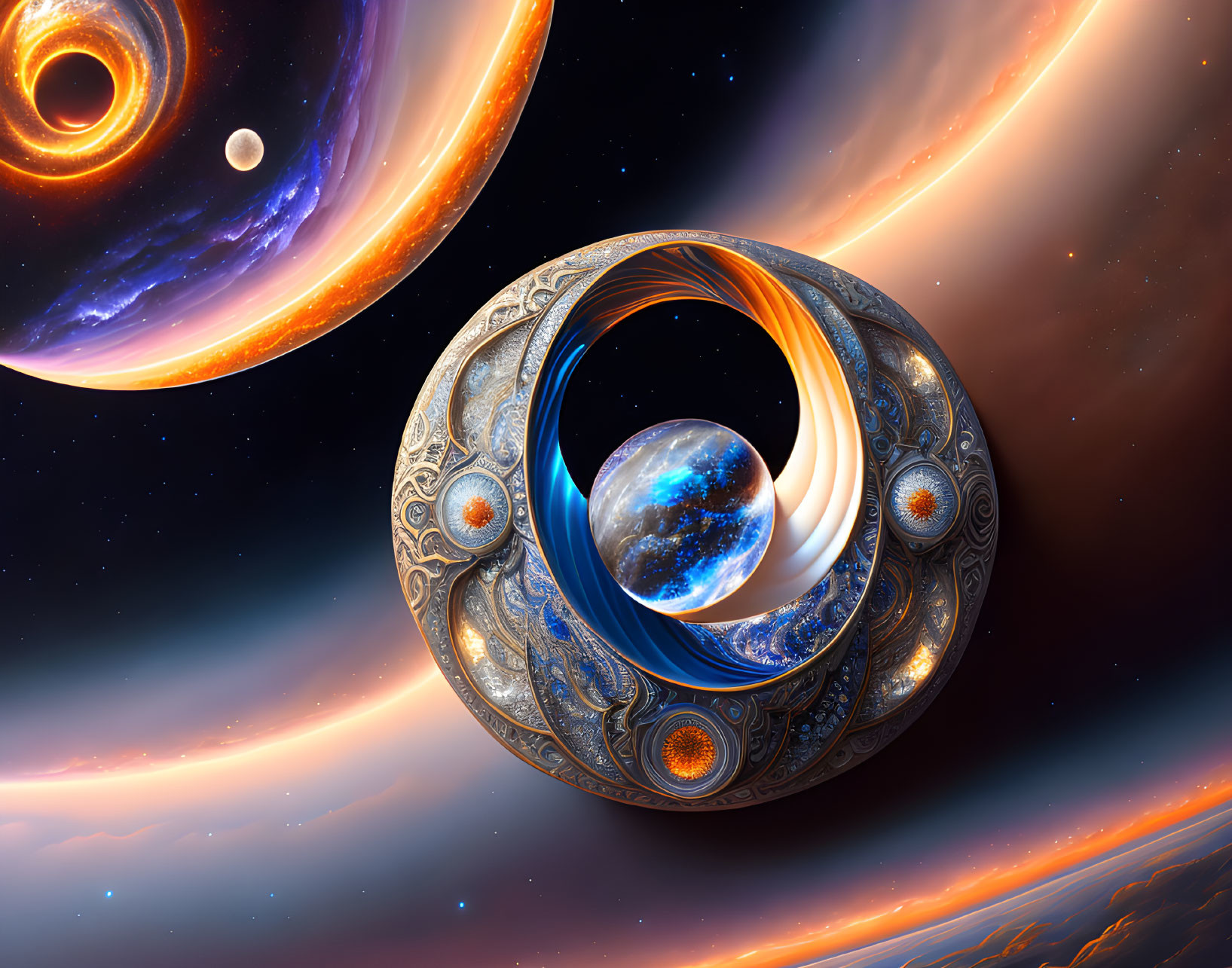 Surreal cosmic scene with Earth in ornate rings and nebulae.