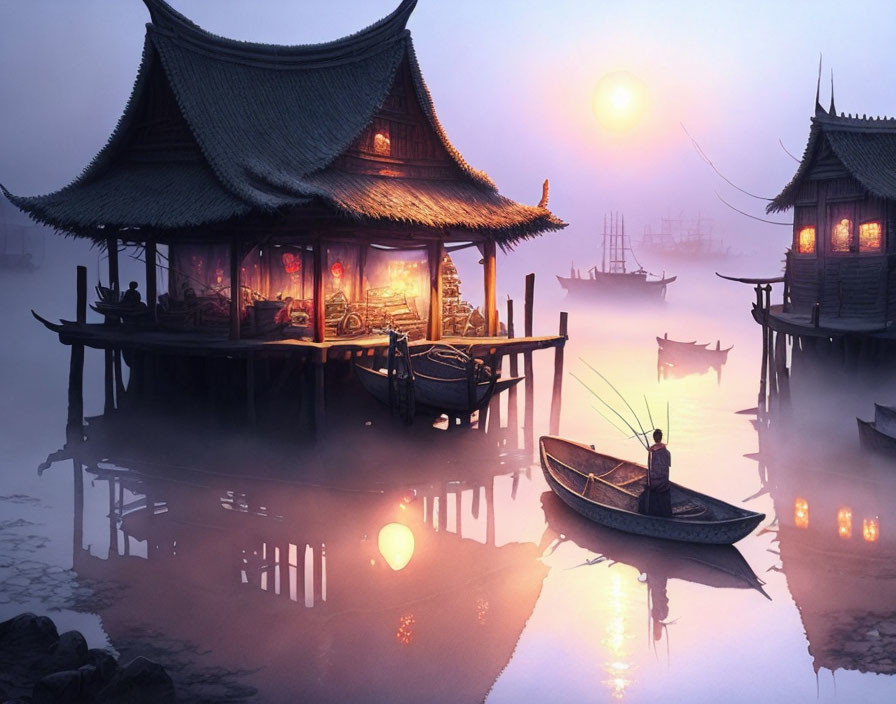 Traditional wooden structures on stilts at dusk over misty waters with small boat and warm sunset glow.