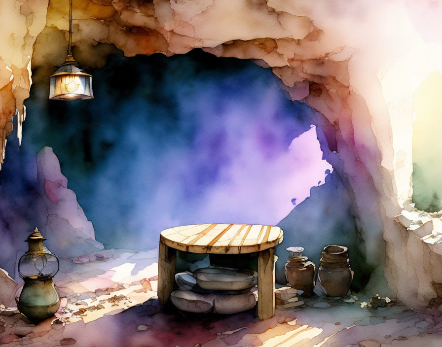 Cozy Cave Interior Watercolor Illustration with Wooden Table and Lantern