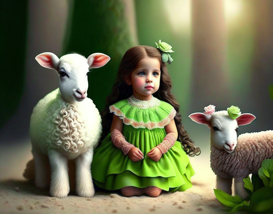 Little lambs with Little girl a memorable image 