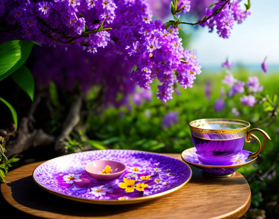 a cup tea, beautiful plate with spring flowers