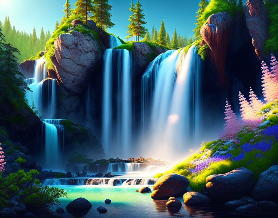 Spring landscape and waterfall
