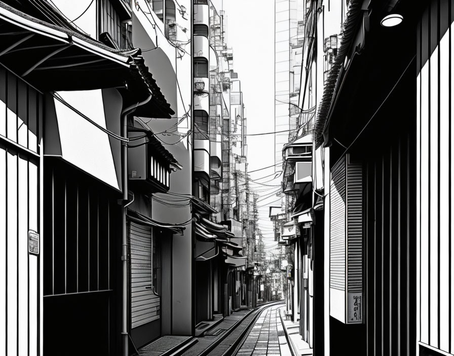 Monochrome image of narrow alleyway between traditional and modern buildings