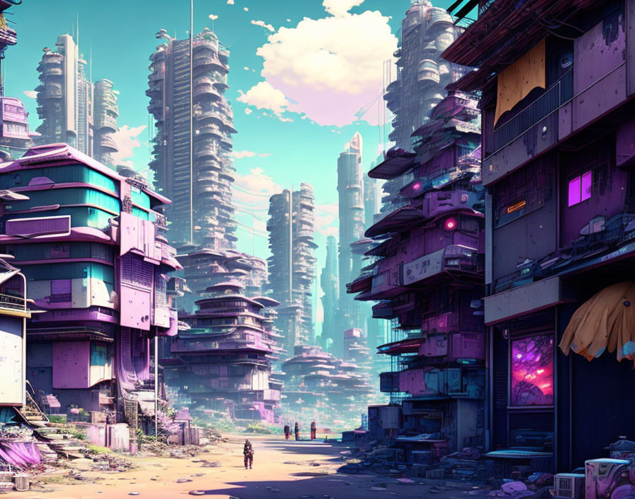 Neon-lit futuristic cityscape with purple sky and eclectic structures