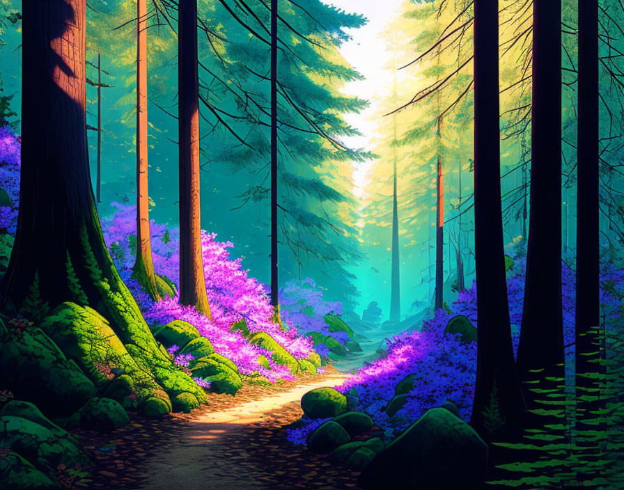Lush forest landscape with tall trees, sun rays, and purple flower-lined path