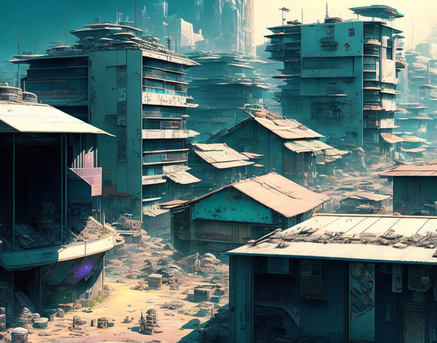 Dilapidated high-rise buildings in futuristic slum