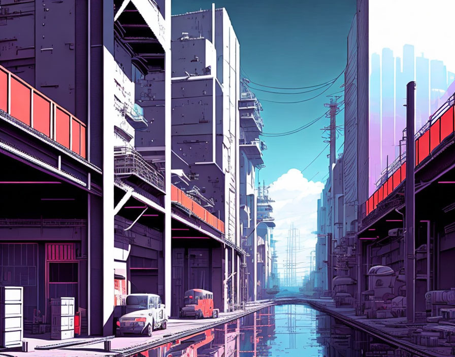 Futuristic urban alley with towering buildings and water channel