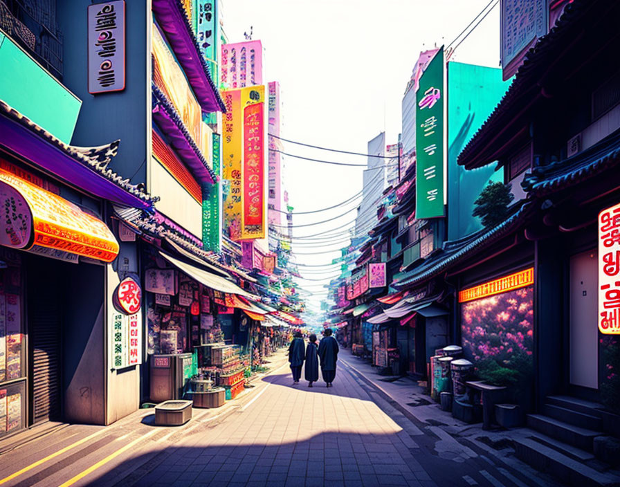 Colorful Asian street scene under purple sky with traditional architecture and pedestrians.