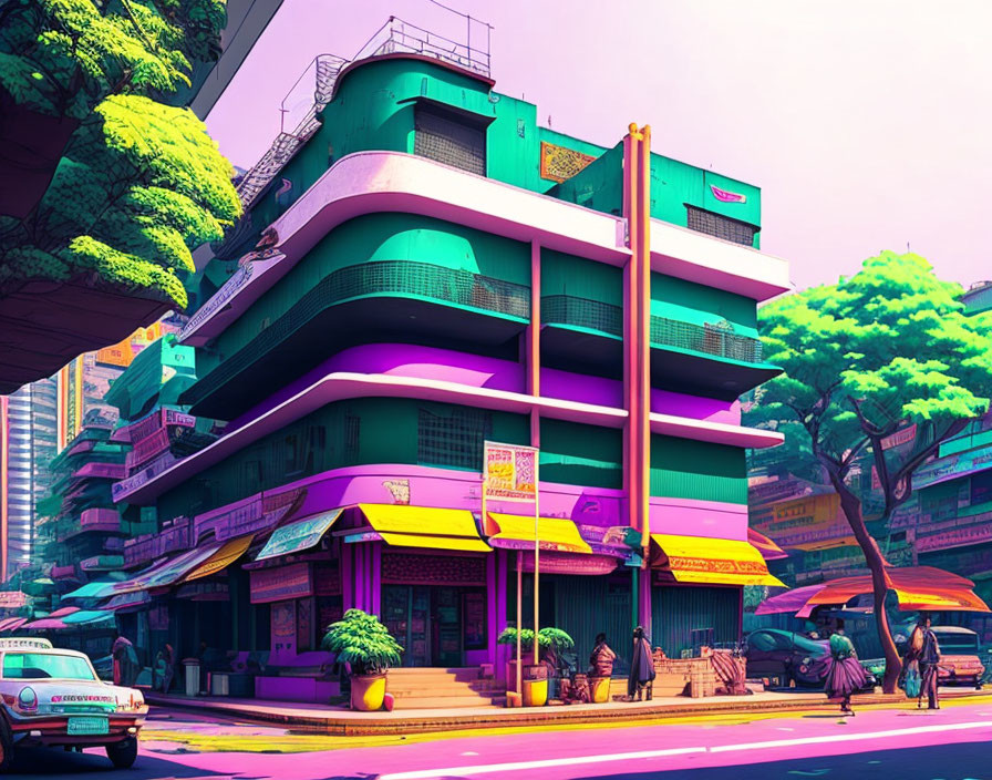 Colorful retro-futuristic cityscape with vintage cars and people under a purple sky