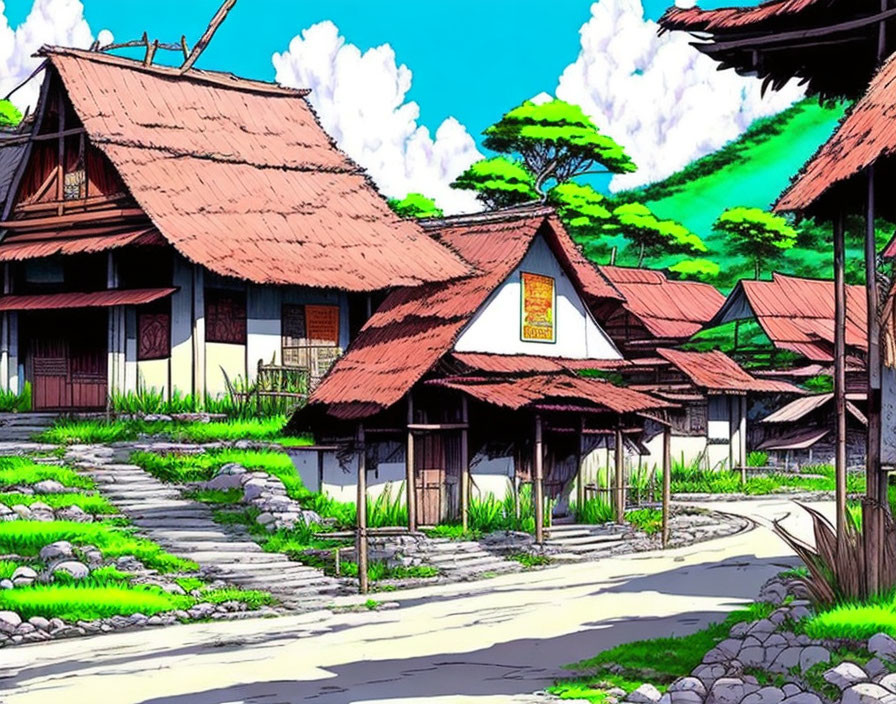 Vibrant traditional village illustration with thatched-roof houses