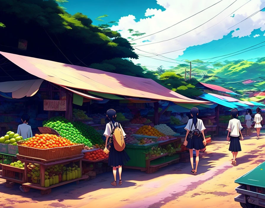 Vibrant street market with colorful fruits and vegetables under sunny sky