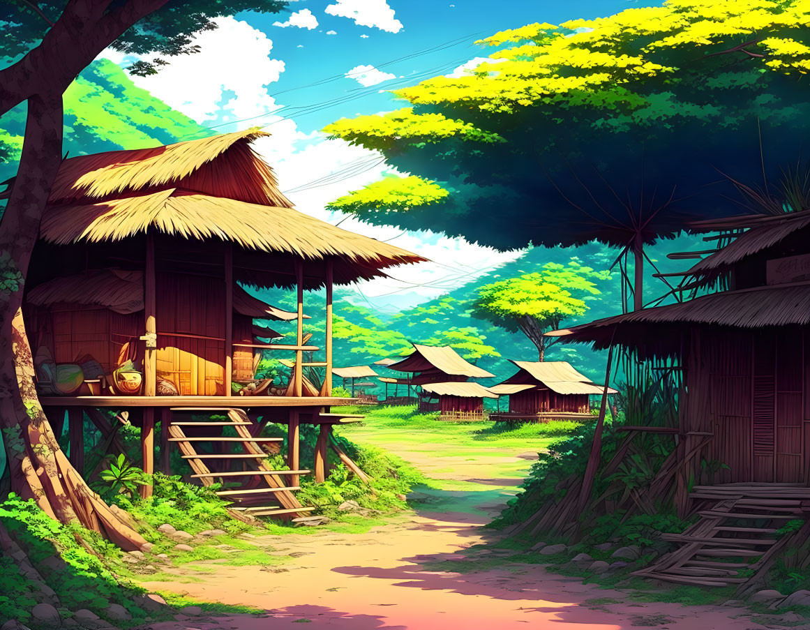 Traditional village illustration with thatched-roof huts and lush greenery