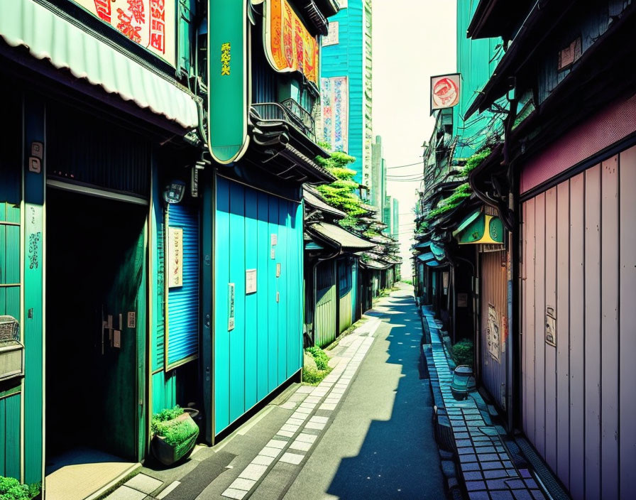 Colorful Buildings and Signage in Narrow Alley Under Blue Sky