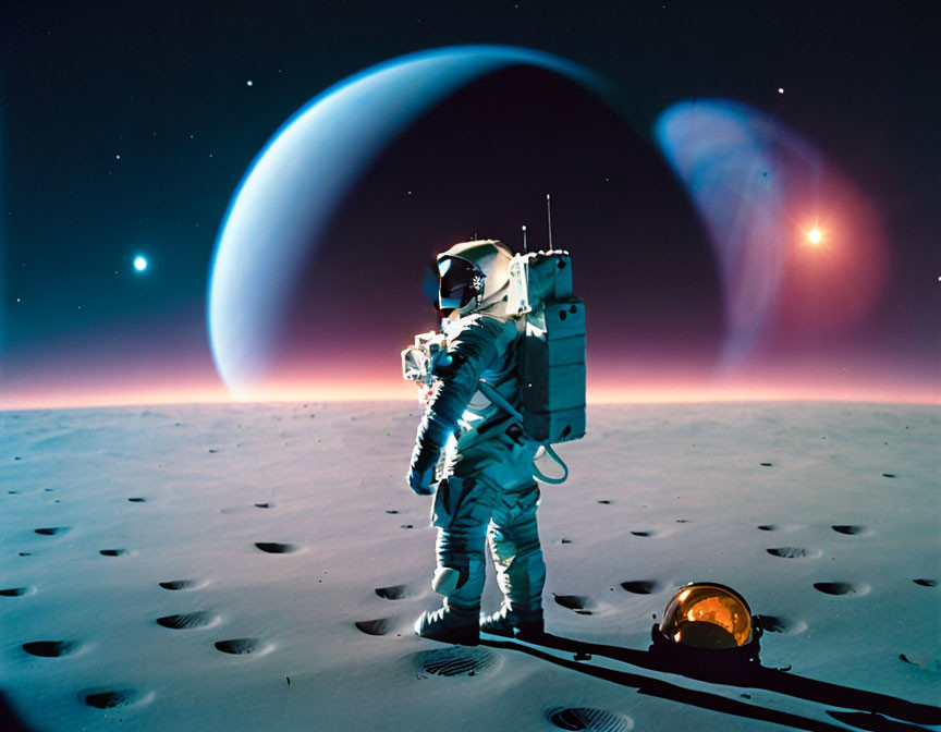 Astronaut on lunar surface with planet and moon in starry sky