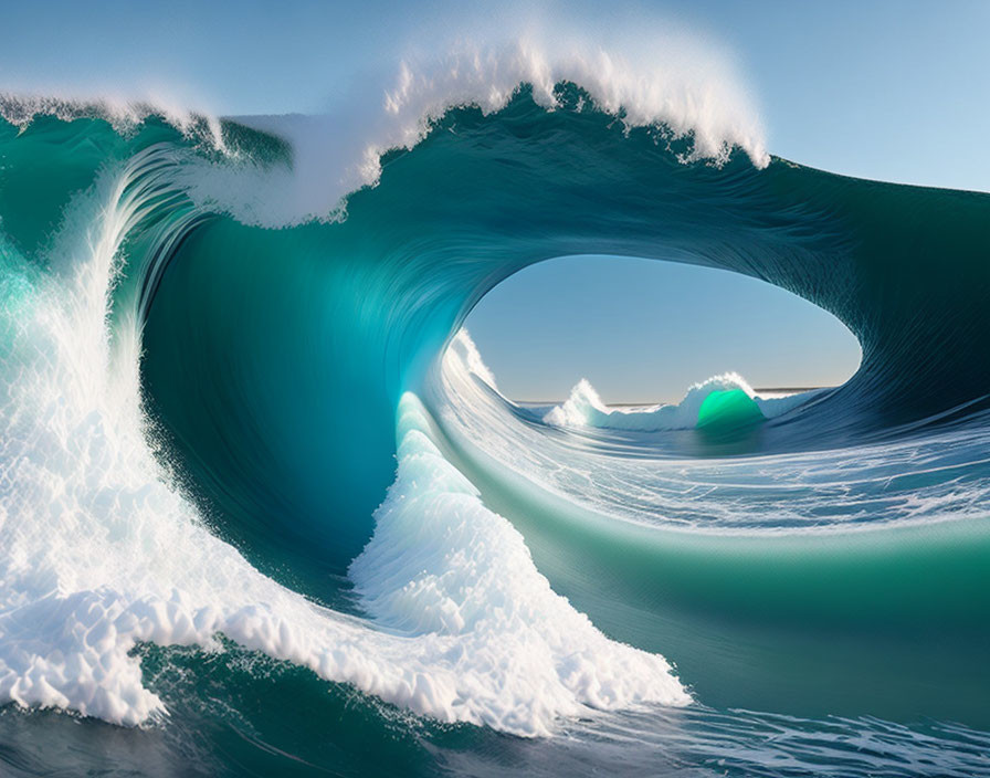 Majestic ocean wave with white frothy tips against clear sky
