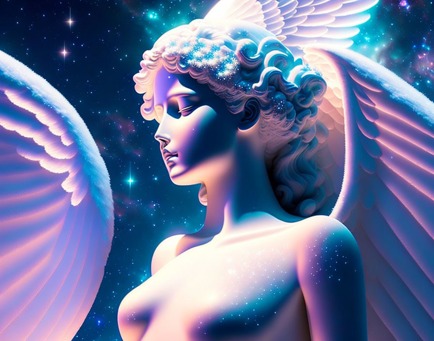 Digital art: Angelic figure with star-filled hair and white wings in celestial background