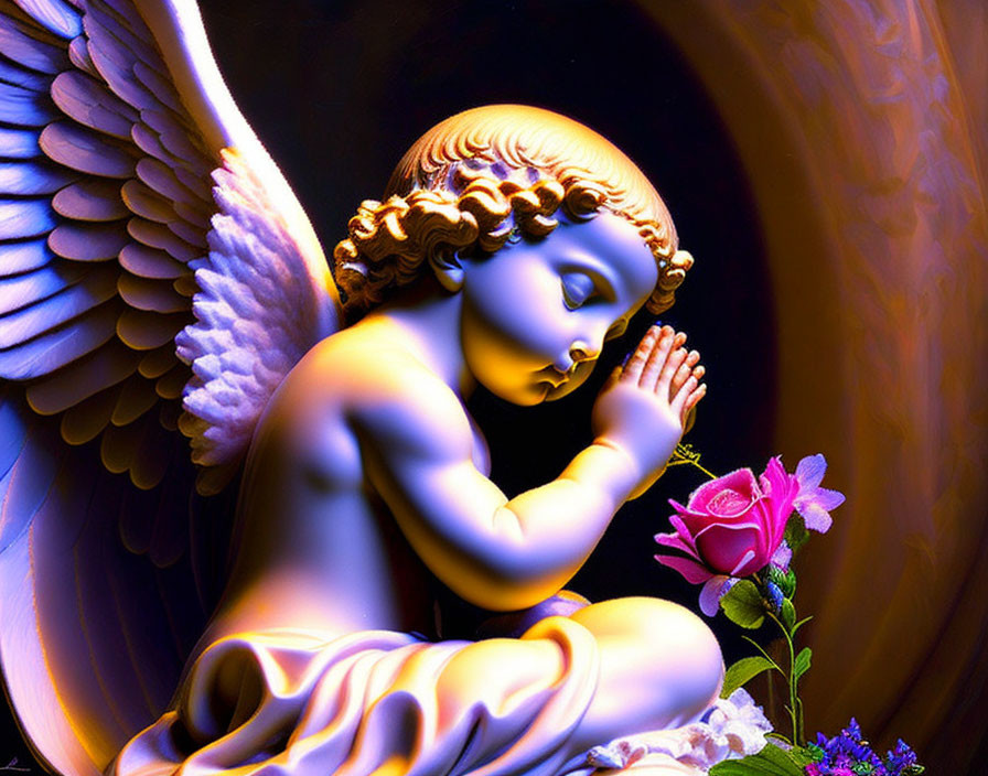 Angel with White Wings Kneeling and Praying Over Rose